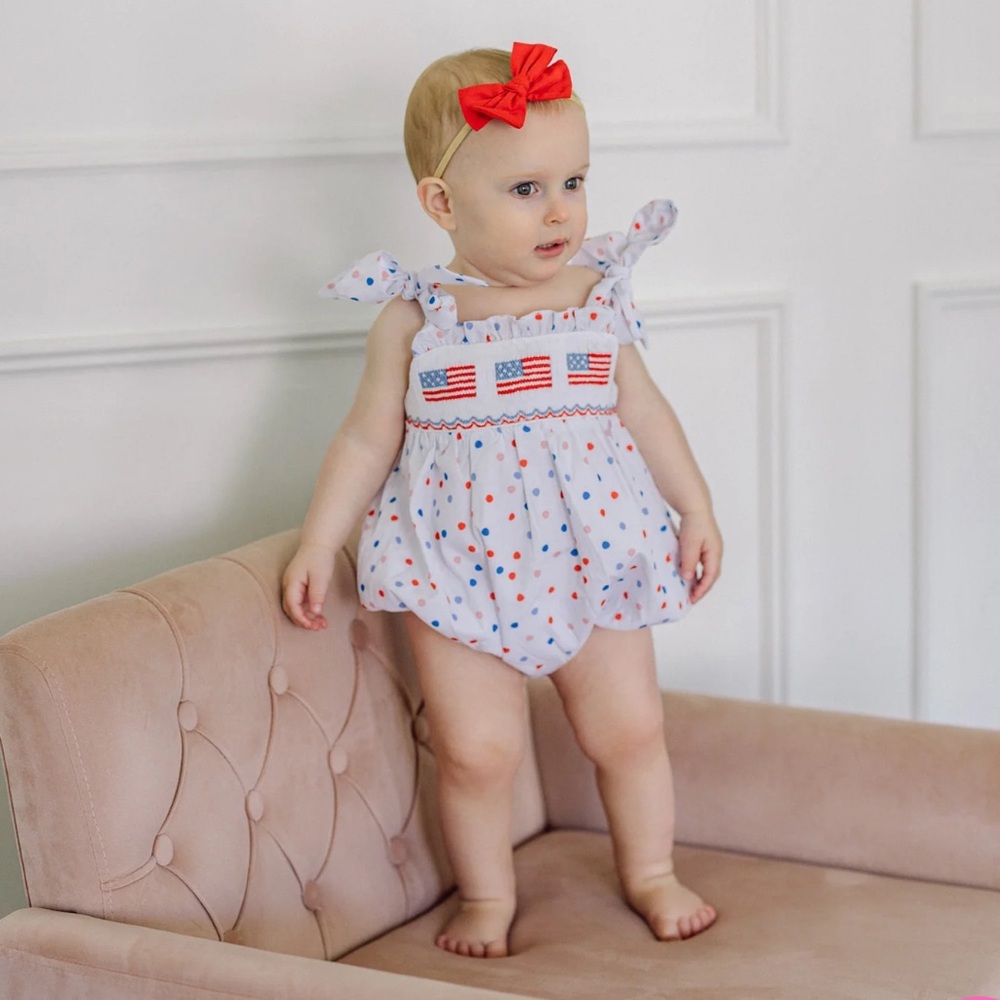 Poppy Kids Co Polka Dot Smocked Flag Bubble Patriotic 4th of July Cotton Size 9M